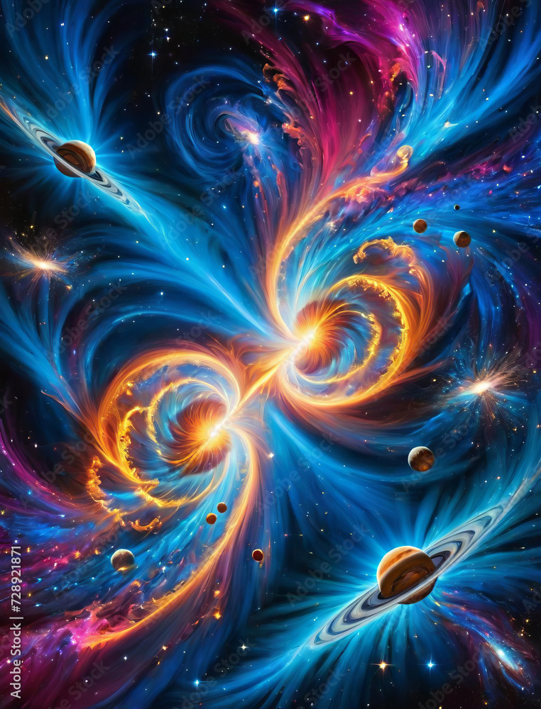 Celestial Dance - Unreal cosmic scenery with celestial bodies, comets, and nebulaic swirls in vibrant bold colors Gen AI Celestial Dance - Unreal cosmic scenery with celestial bodies, comets, and nebulaic swirls in vibrant bold colors Gen AI