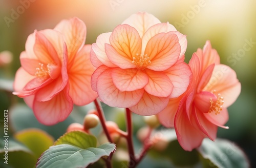 Realistic watercolor illustration of begonia flowers. Colorful, tender plant with big petals and buds in pink and orange, isolated on white