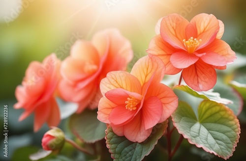 Realistic watercolor illustration of begonia flowers. Colorful, tender plant with big petals and buds in pink and orange, isolated on white photo