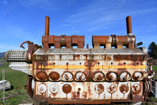 Diesel locomotive engine against clear blue sky. photo