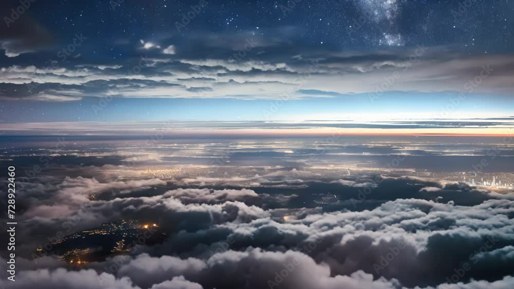 Night sky with stars, lights on the horizon, and tranquil scenery above the clouds
Night sky with stars, lights on the horizon, and tranquil scenery above the clouds