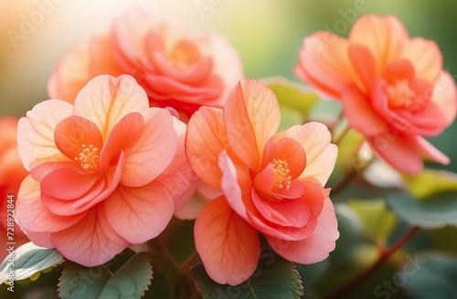 Realistic watercolor illustration of begonia flowers. Colorful, tender plant with big petals and buds in pink and orange, isolated on white