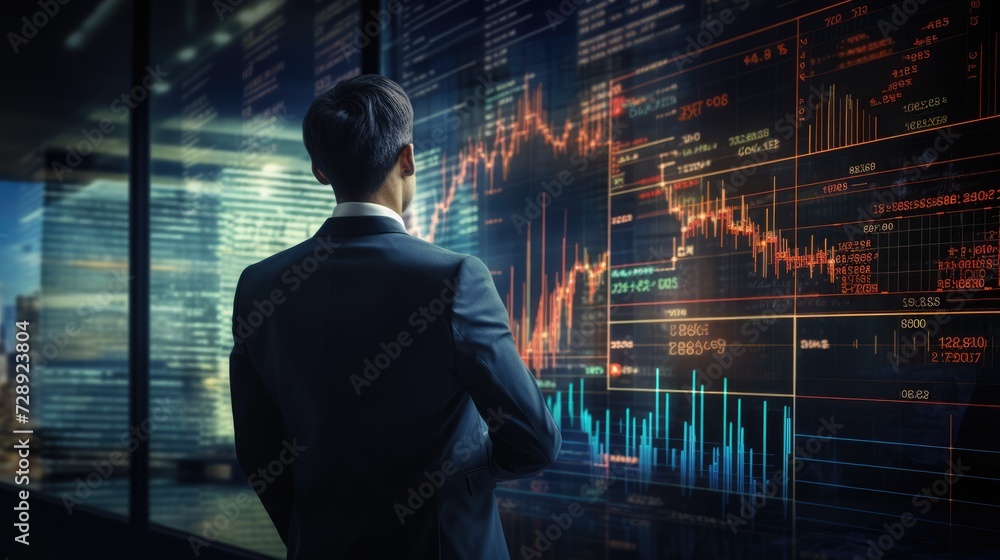 Businessman analyzing financial chart, forex graph, economic growth, business finance and investment. AI Generated