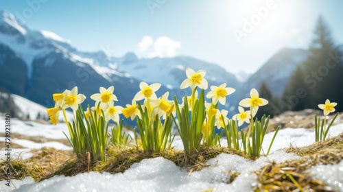 Wild narcissus flowers with snow-capped mountains at the background. Spring time. AI Generated  photo