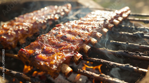 Goldenbrown ribs glistening in the sun as they sizzle on the hot coals of a barbecue pit.