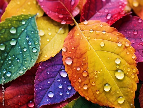 Colorful autumn leaves with water drops close-up. Nature background