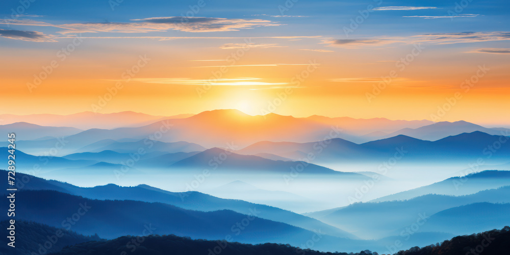 Breathtaking Sunrise: Majestic Mountain Scenery Embraced by the Glowing Beauty of a Summer Morning's Sky