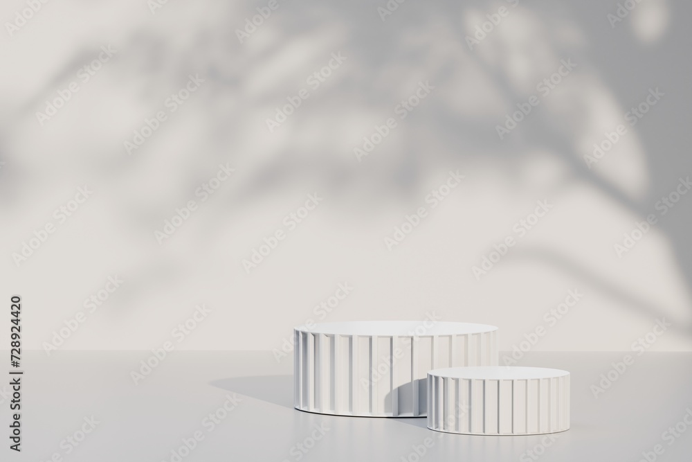 Minimal abstract luxury white podiums block for product presentation with empty stage for nature, organic, spa, health, cosmetic, beauty, Sunshade shadow on beige and shadows of tree leaves 3d render. Minimal abstract luxury white podiums block for product presentation with empty stage for nature, organic, spa, health, cosmetic, beauty, Sunshade shadow on beige and shadows of tree leaves 3d render.