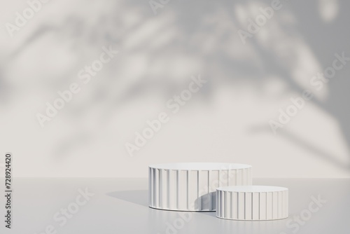 Minimal abstract luxury white podiums block for product presentation with empty stage for nature  organic  spa  health  cosmetic  beauty  Sunshade shadow on beige and shadows of tree leaves 3d render.