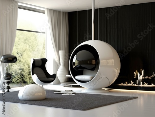 A modern living room with a black and white ball chair. Generative AI.