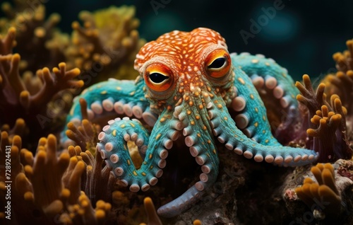 An octopus is sitting on top of coral. Generative AI.