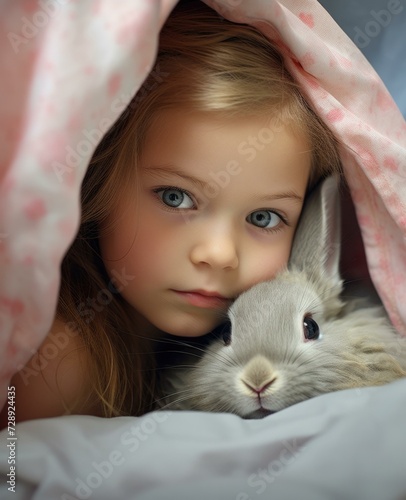 A little girl is hugging a rabbit under a blanket. Generative AI.