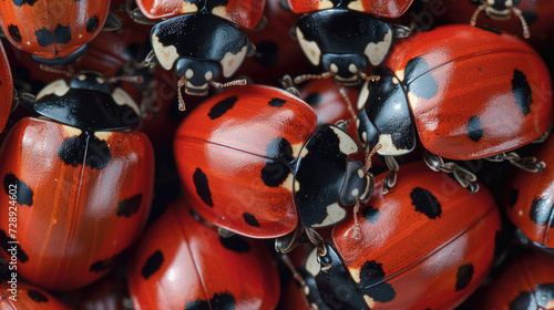 A close-up of numerous red seven spots ladybugs with black spots densely accumulated
