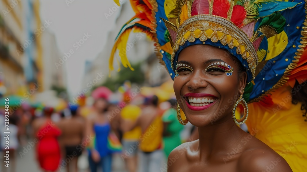 Fototapeta premium Carnival dancer in feather headdress enjoying parade