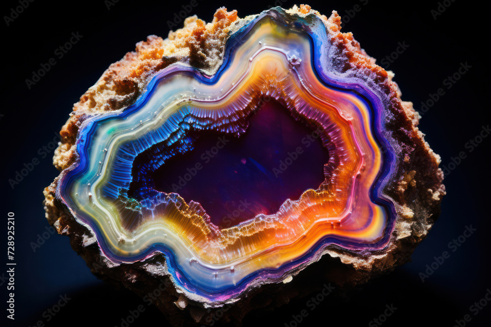 Abstract Cross-Section of Agate: A Colorful Geode Specimen, Embodying the Richness of Nature's Hidden Gems, Unveiling a Mesmerizing Crystalline Structure on a Polished Chalcedony Surface Abstract Cross-Section of Agate: A Colorful Geode Specimen, Embodying the Richness of Nature's Hidden Gems, Unveiling a Mesmerizing Crystalline Structure on a Polished Chalcedony Surface