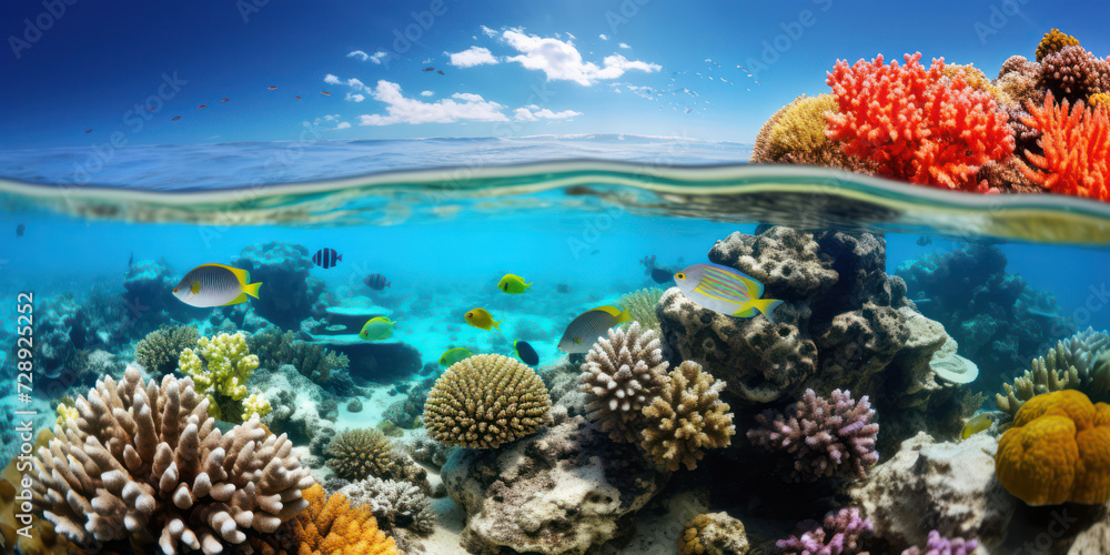 Colorful Underwater World: A Vibrant Reef teeming with Exotic Fish, Red Coral, and Marine Life, creating a Stunning Aquatic Landscape in the Deep Blue Ocean
