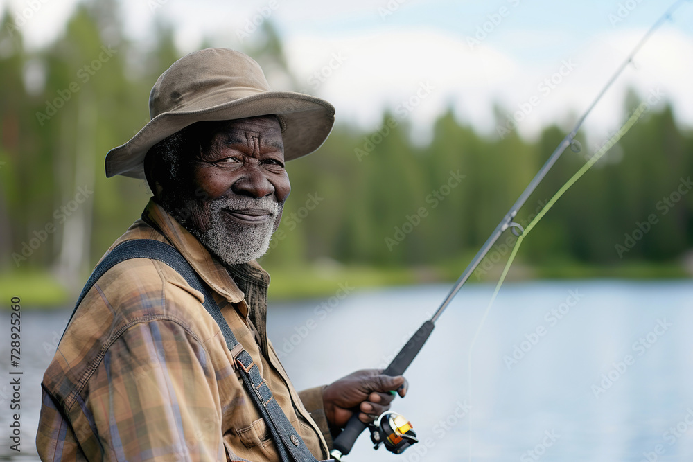 African American Senior Man Enjoying Fishing at Lake African American Senior Man Enjoying Fishing at Lake