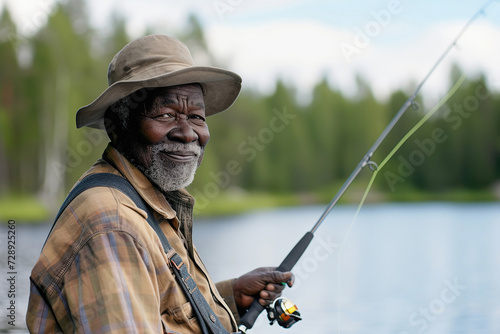 African American Senior Man Enjoying Fishing at Lake