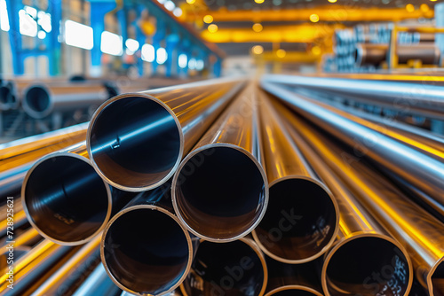 Steel pipes in warehouse or factory, close up