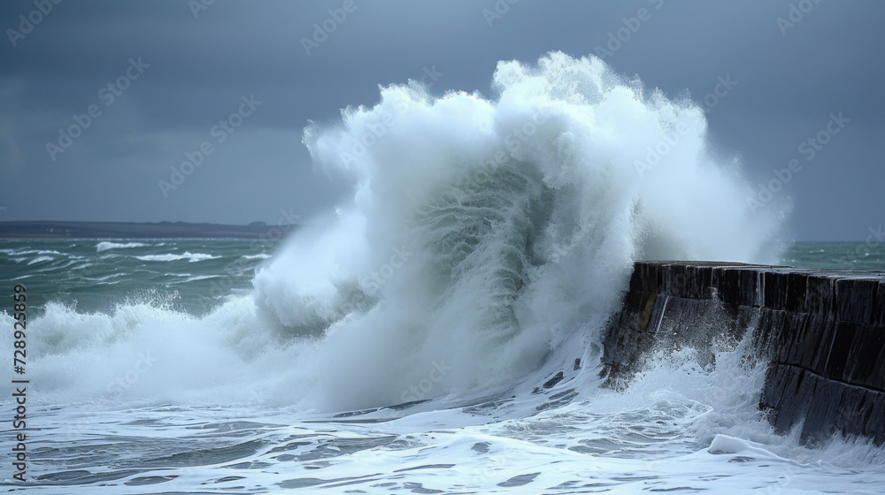 A wave crashes against a breakwater signaling the powerful forces of nature that can disrupt grain shipping operations and the need for careful planning to mitigate these - obrazy, fototapety, plakaty 