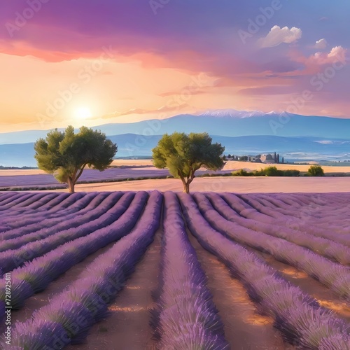 view of lavender fields sunset in summer. background for poster, banner, web, social media. ai generative design