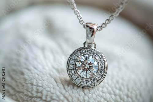 Halo Diamond pendant necklace Displayed in jewelry store