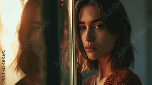 A woman stands in front of a mirror looking at her reflection with a sense of isolation.