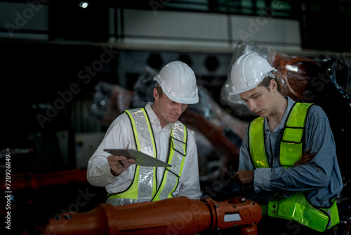 Sales manager and factory owner in suits negotiating selling robots used in the factory. Business engineers meeting and checking new machine robot. Workers walking at warehouse welding machine.