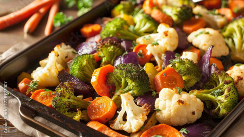 Bursting with flavor and color this roasted vegetable medley features firekissed broccoli cauliflower and carrots topped with a sprinkle of fragrant herbs and es. photo