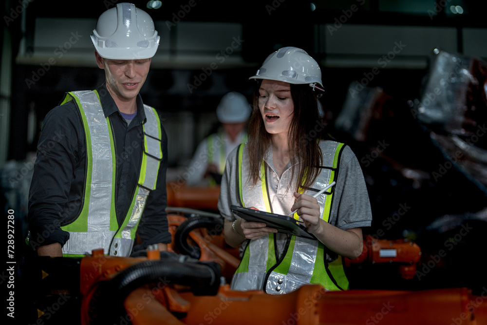 Sales manager and factory owner in suits negotiating selling robots used in the factory. Business engineers meeting and checking new machine robot. Workers walking at warehouse welding machine. Sales manager and factory owner in suits negotiating selling robots used in the factory. Business engineers meeting and checking new machine robot. Workers walking at warehouse welding machine.