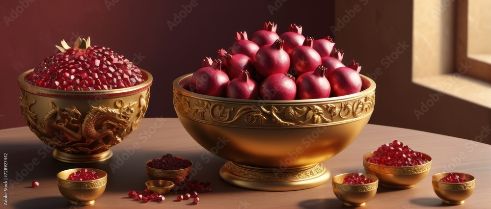 Bowl of ruby pomegranates amid a treasure trove: cut fruit, gold coins, and cups.