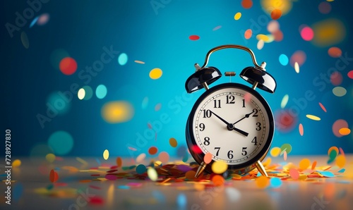 Alarm clock and confetti on blue background with copy space.