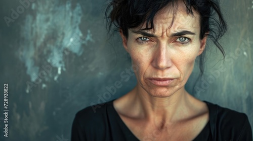 A woman in her forties with a furrowed brow and a worried expression. photo