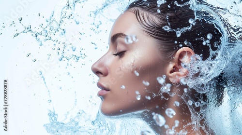 Face of a calm woman with water splashing around her harmoniously. Female face with freshness, hydration and natural beauty of skin care. photo