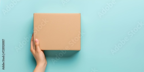 Woman hand holding small brown rectangular cardboard box on light blue background. Mockup parcel box. Packaging, shopping, delivery, present, gift concept