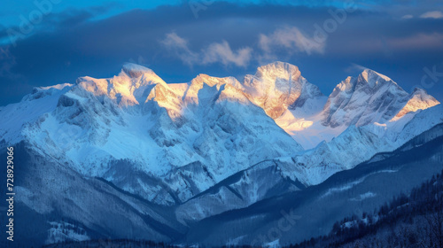 Against the backdrop of the evening sky the glistening snow peaks take on a romantic quality.