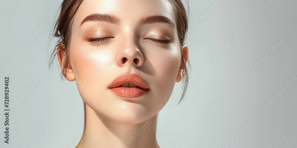 Portrait of relax young beautiful woman with perfect smooth skin isolated over white background. Tenderness and sensuality. Concept of natural beauty, plastic surgery, cosmetology, cosmetics, - obrazy, fototapety, plakaty 