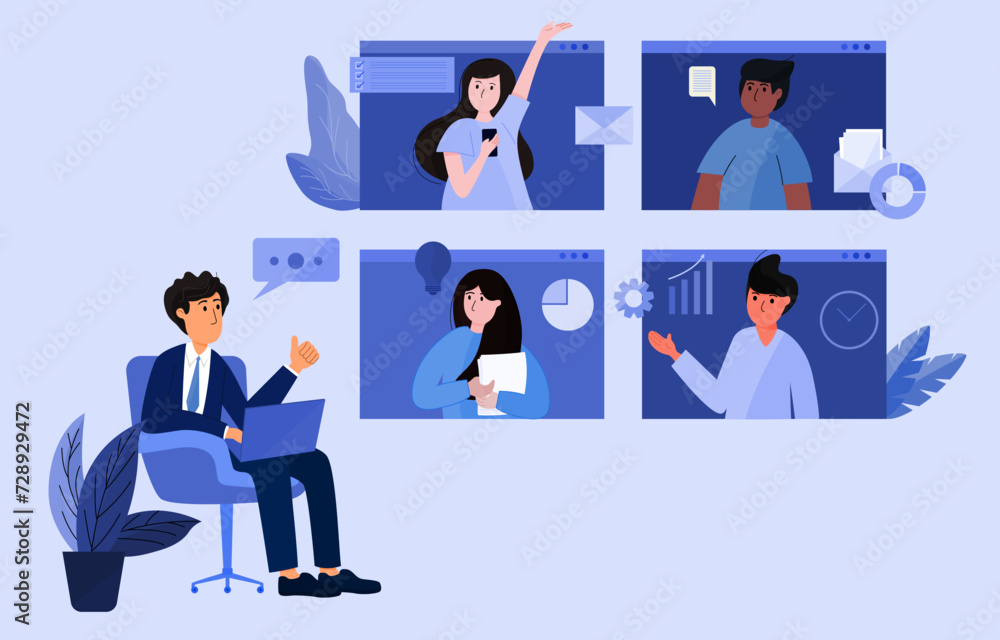 Boss talk with team office meeting via computer, Teamwork communication online. People managing corporate business online and connecting together. Work from home concept. flat vector illustration. Boss talk with team office meeting via computer, Teamwork communication online. People managing corporate business online and connecting together. Work from home concept. flat vector illustration.