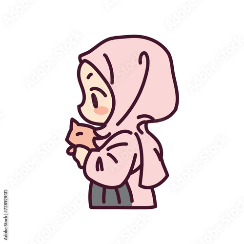 Cute a muslim girl and a cat cartoon illustration