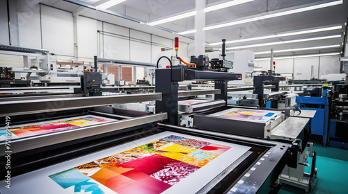 Freshly printed pages running through printing press photo