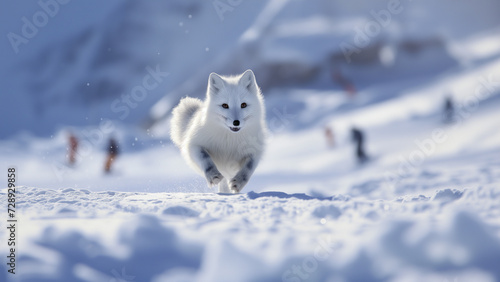Snowy Sprint: Arctic Fox Running Amidst Boarders on Ski Slopes © 대연 김
