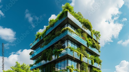 a modern glass building with a lot of green plants trees and bushes for environmental friendly building. ecology co2 footprint reduction. web design banner background