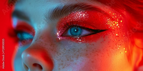 Close-up portrait of beautiful red-haired girl with smoky eye makeup and freckles