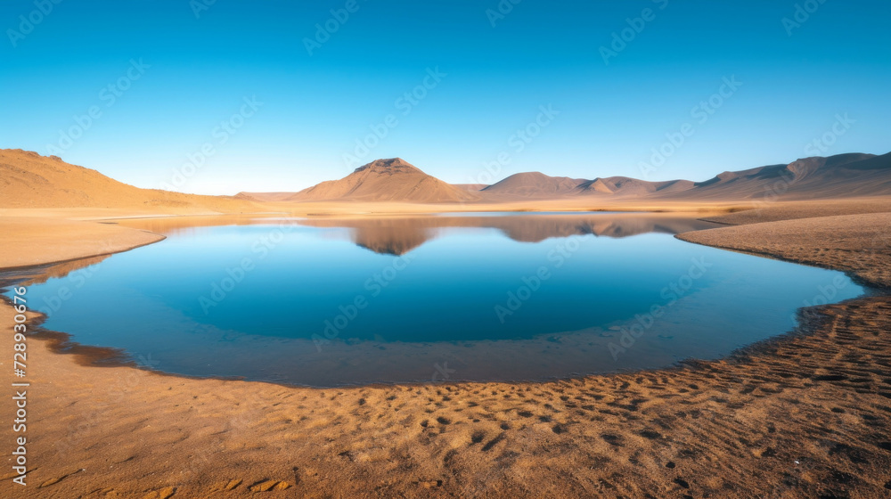 A still lake in the middle of a vast desert surrounded by muted earth tones and a clear blue sky symbolizing the peacefulness and clarity found in deep meditation.
