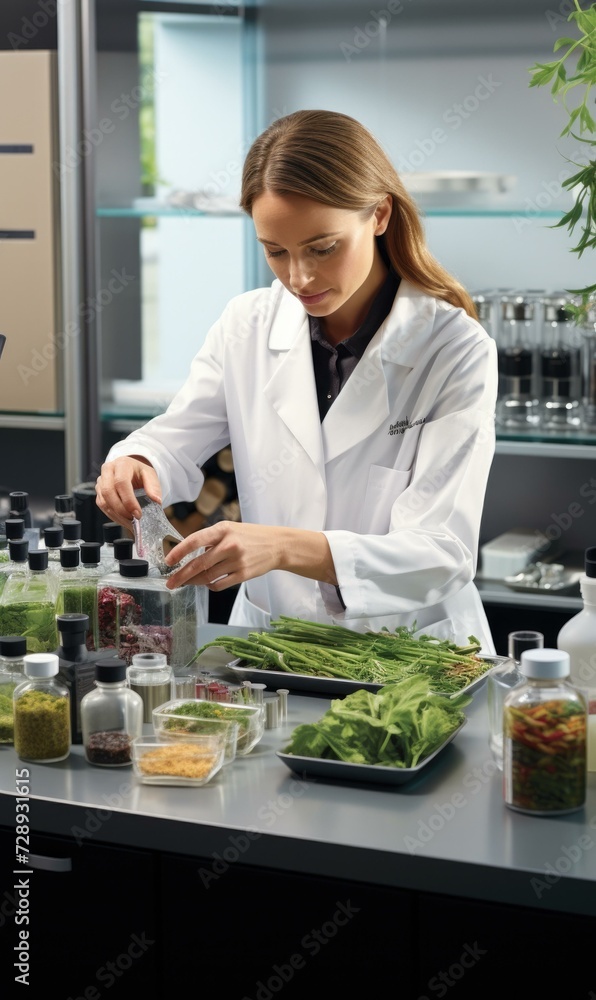 A woman in a lab coat is preparing food. Generative AI.