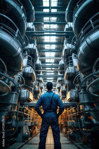 A man standing in a factory with pipes. Generative AI.