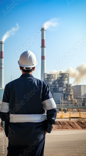 A man in a hard hat and safety vest looking at a power plant. Generative AI.