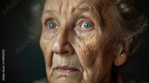 Closeup portrait of a retired elderly woman her face etched with exhaustion and years of hard work. She reflects on a life of burnout and exhaustion.