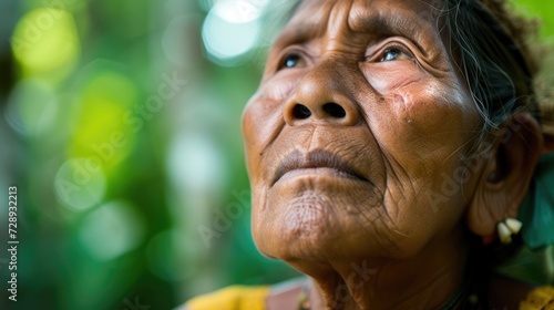 An indigenous woman tears in her eyes witnessing the devastation of her ancestral land due to oil drilling and deforestation.