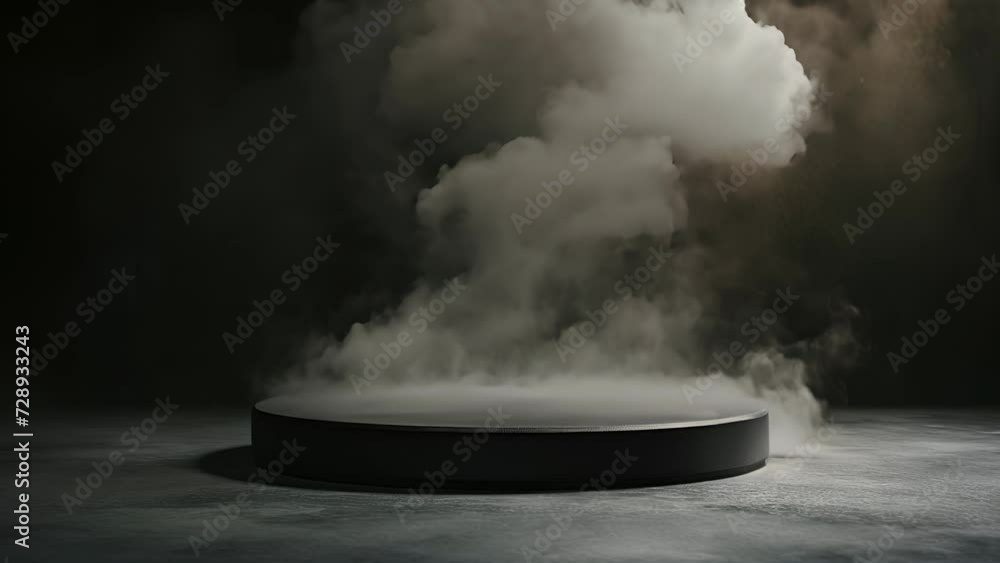 Circular pedestal enveloped in smoke against a dark background
Circular pedestal enveloped in smoke against a dark background
